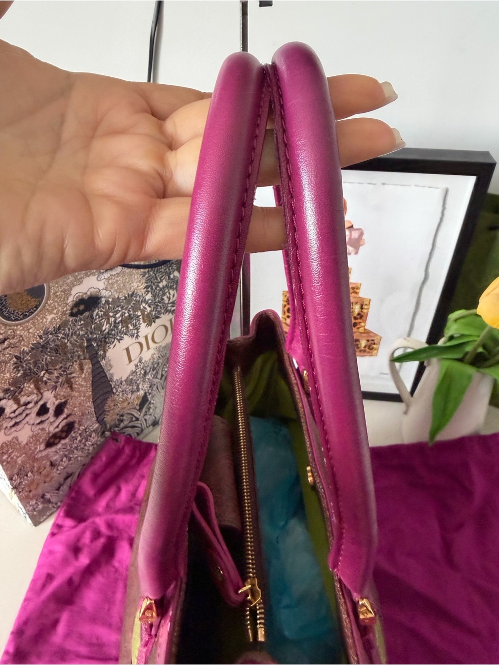ETRO Paisley Leather Tote Bag Made in Italy Pink Green Dust Bag - Picture 6 of 11